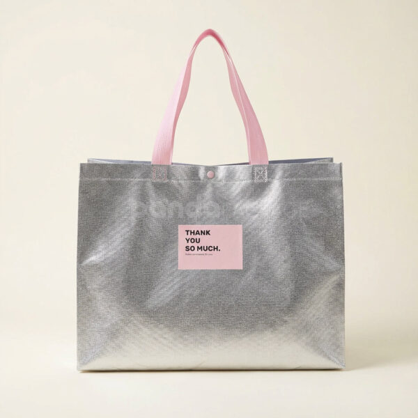 Silver Foil Non-Woven Tote Bags with Fabric or Plastic Handles for Apparel and Gift Packaging