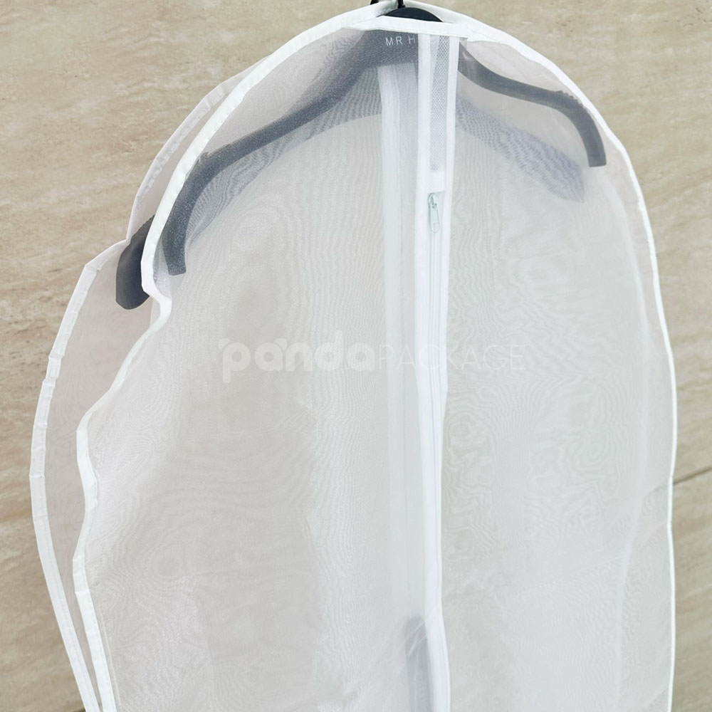 white organza garment bags with full-length zipper for clothing storage and protection