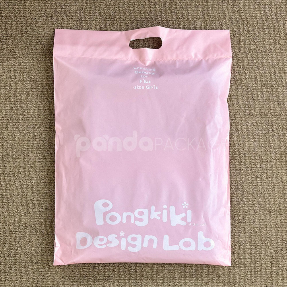 pink poly mailer bag with die-cut handle and self-adhesive closure for clothing packaging