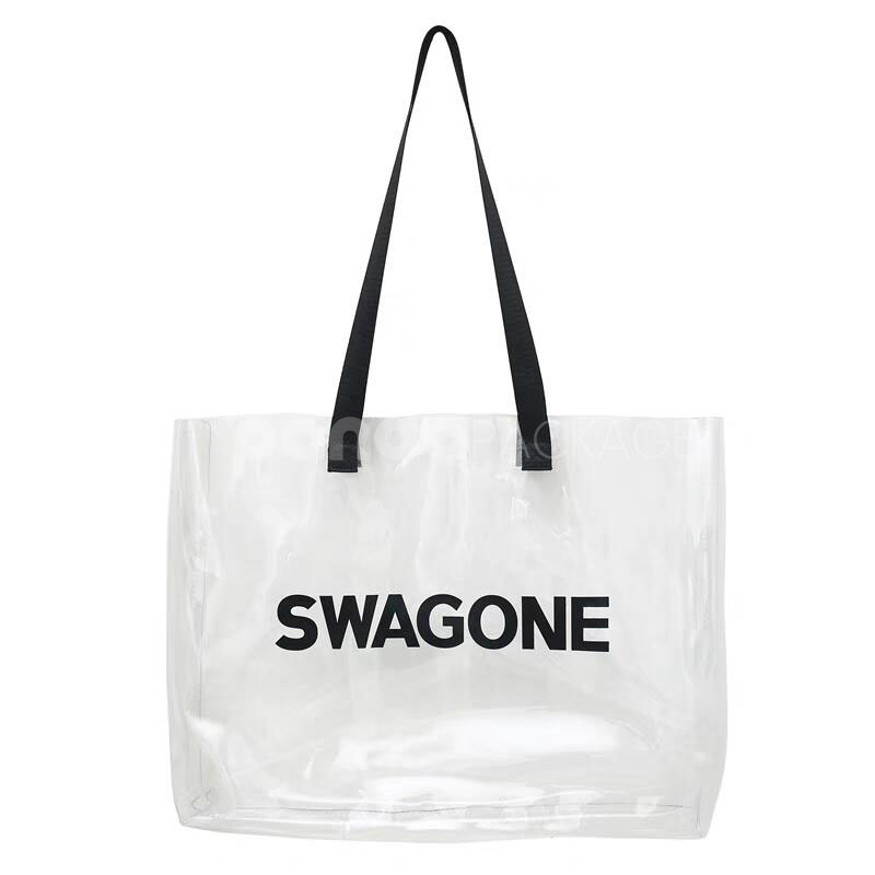 eco-friendly transparent pvc tote bag with wide handles for retail and apparel packaging