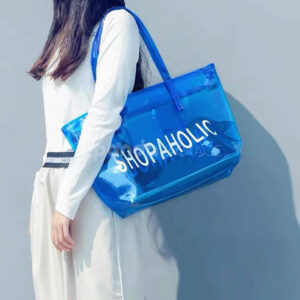 eco-friendly transparent pvc tote bag with wide handles for retail and apparel packaging