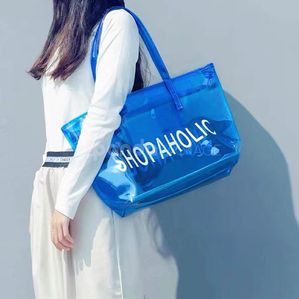 eco-friendly transparent pvc tote bag with wide handles for retail and apparel packaging
