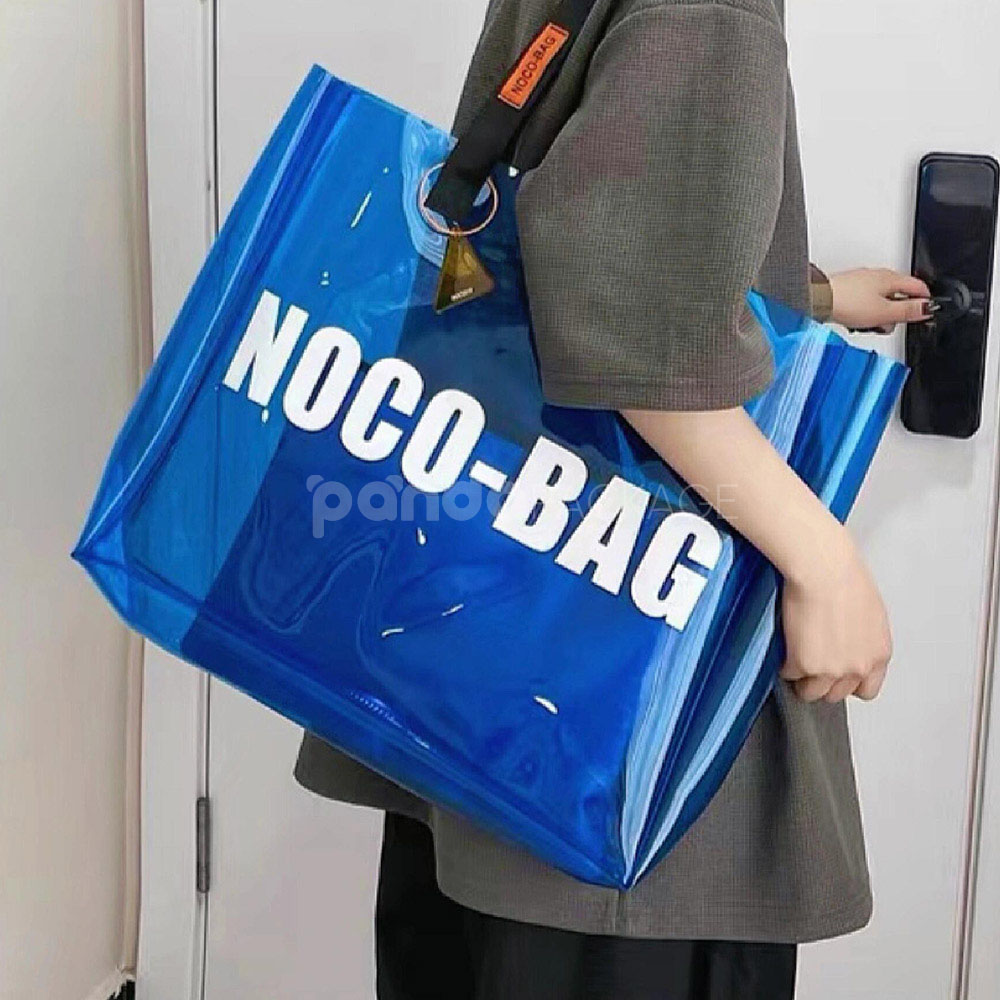 eco-friendly transparent pvc tote bag with wide handles for retail and apparel packaging