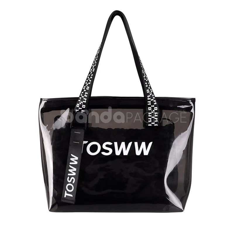 eco-friendly transparent pvc tote bag with wide handles for retail and apparel packaging