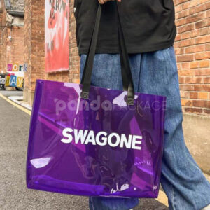 eco-friendly transparent pvc tote bag with wide handles for retail and apparel packaging
