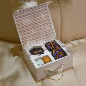 white magnetic rigid box with handle and gold rivets for luxury gift packaging