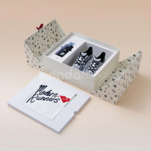 luxury magnetic rigid gift box with double doors and printed design for sneaker packaging