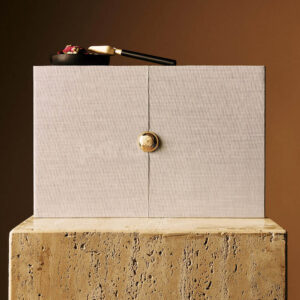 luxury linen magnetic rigid box with double doors and gold knob for premium gift packaging