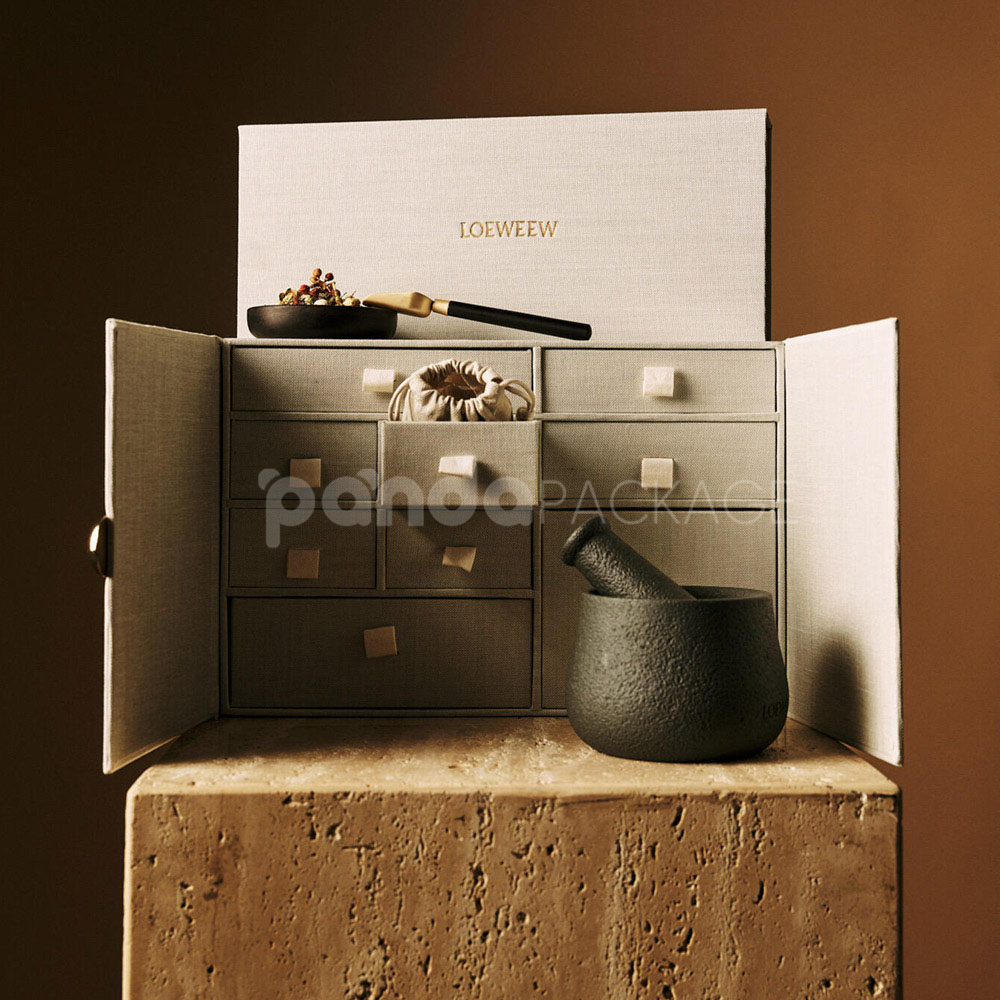 luxury linen magnetic rigid box with double doors and gold knob for premium gift packaging