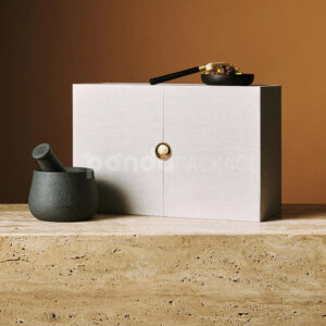 luxury linen magnetic rigid box with double doors and gold knob for premium gift packaging