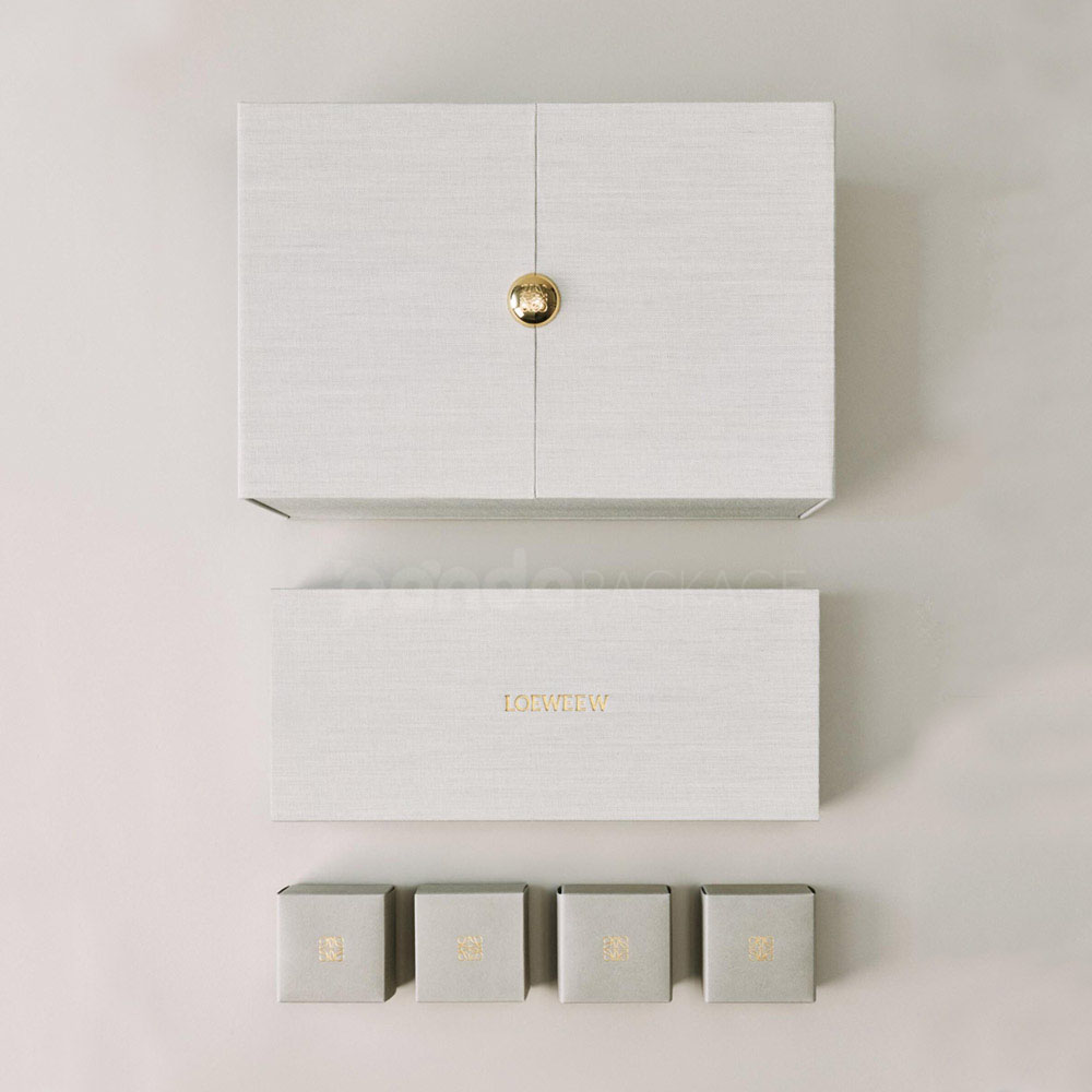 luxury linen magnetic rigid box with double doors and gold knob for premium gift packaging