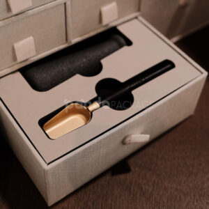 luxury linen magnetic rigid box with double doors and gold knob for premium gift packaging