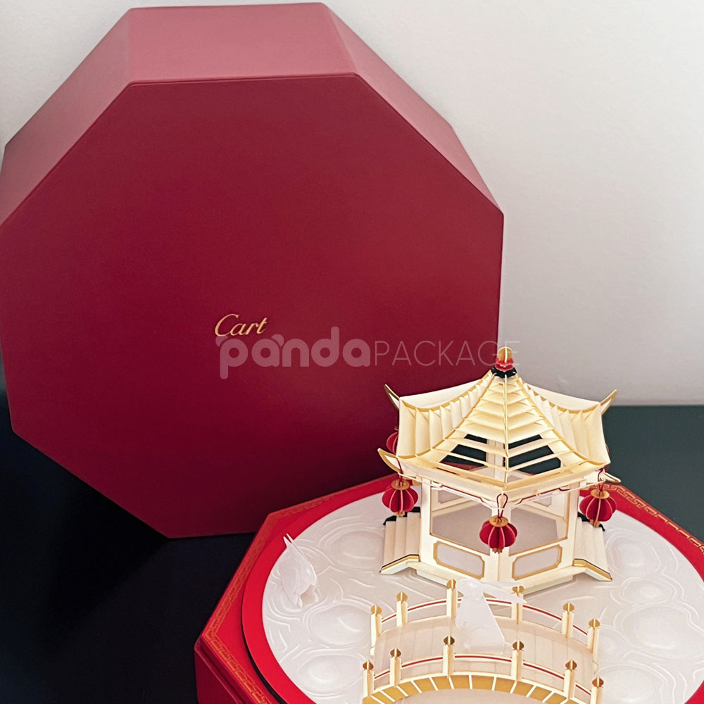 luxury red octagon rigid box with lid and ribbon for premium gift packaging