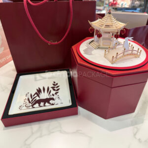 luxury red octagon rigid box with lid and ribbon for premium gift packaging