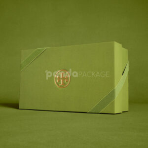luxury olive green rigid box with diagonal ribbon closure and gold foil logo for premium packaging