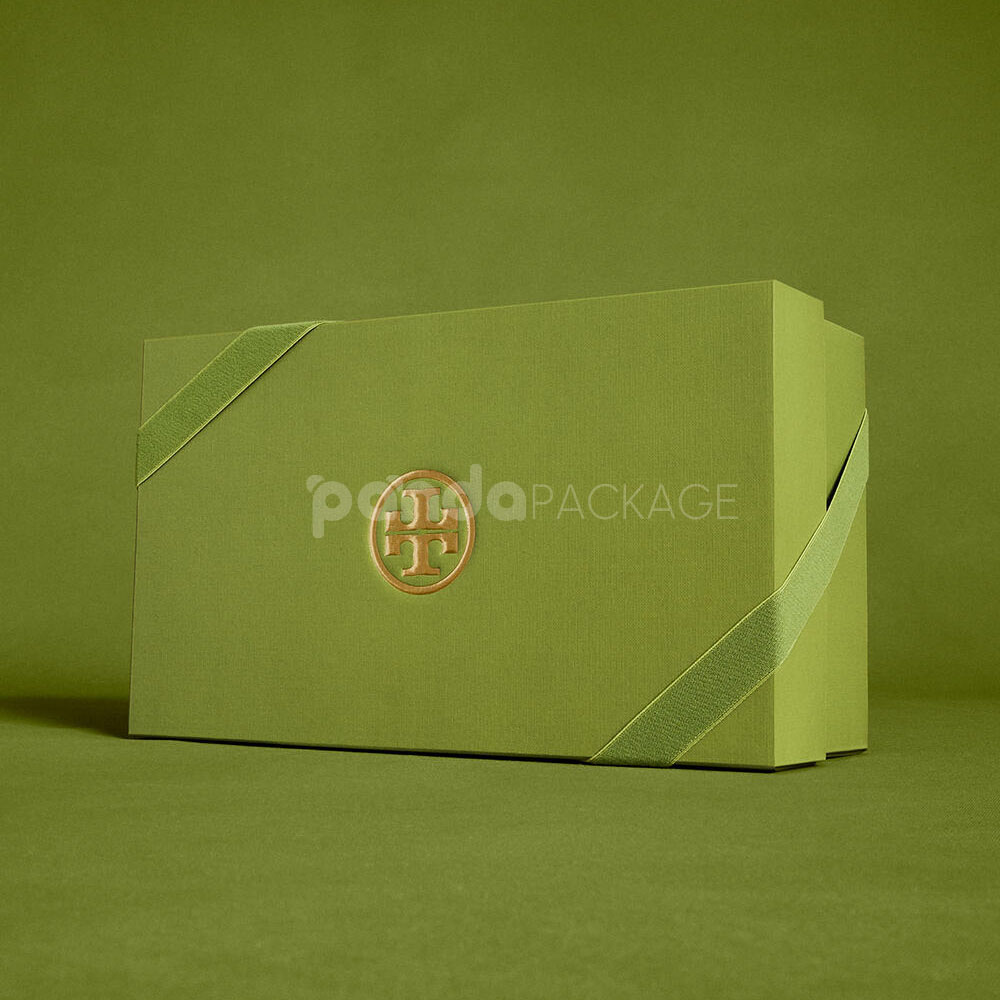 luxury olive green rigid box with diagonal ribbon closure and gold foil logo for premium packaging