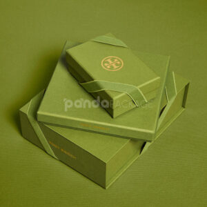 luxury olive green rigid box with diagonal ribbon closure and gold foil logo for premium packaging