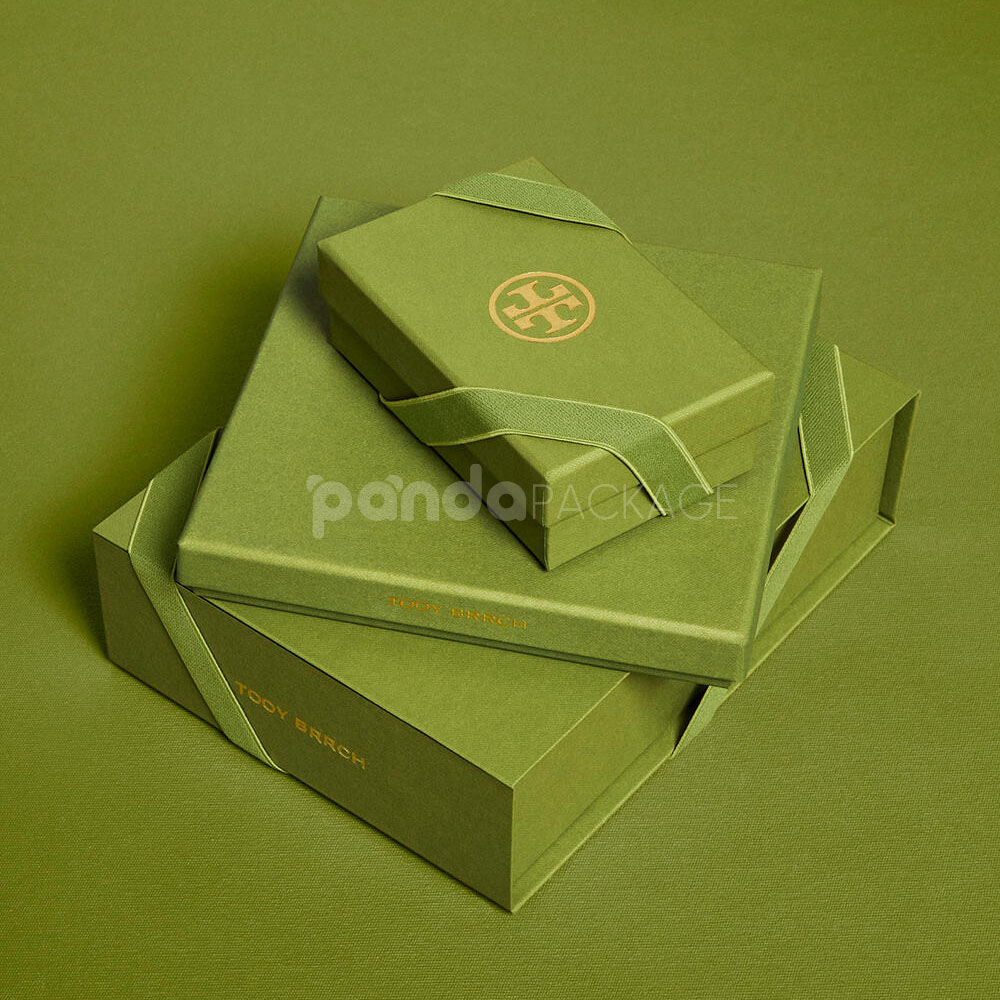 luxury olive green rigid box with diagonal ribbon closure and gold foil logo for premium packaging