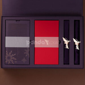 luxury magnetic flip lid rigid box in royal purple with gold foil logo and elegant compartment insert for premium gifts