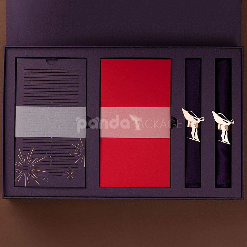 luxury magnetic flip lid rigid box in royal purple with gold foil logo and elegant compartment insert for premium gifts