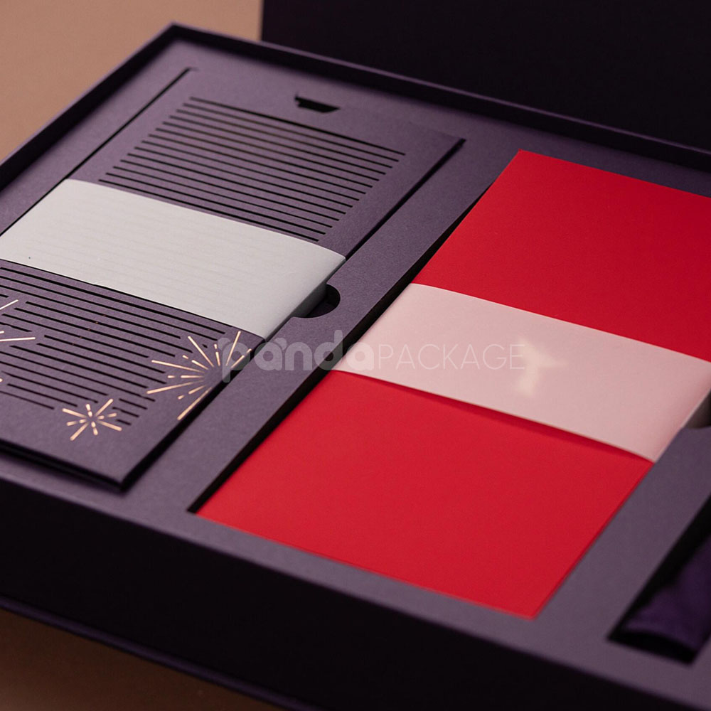luxury magnetic flip lid rigid box in royal purple with gold foil logo and elegant compartment insert for premium gifts