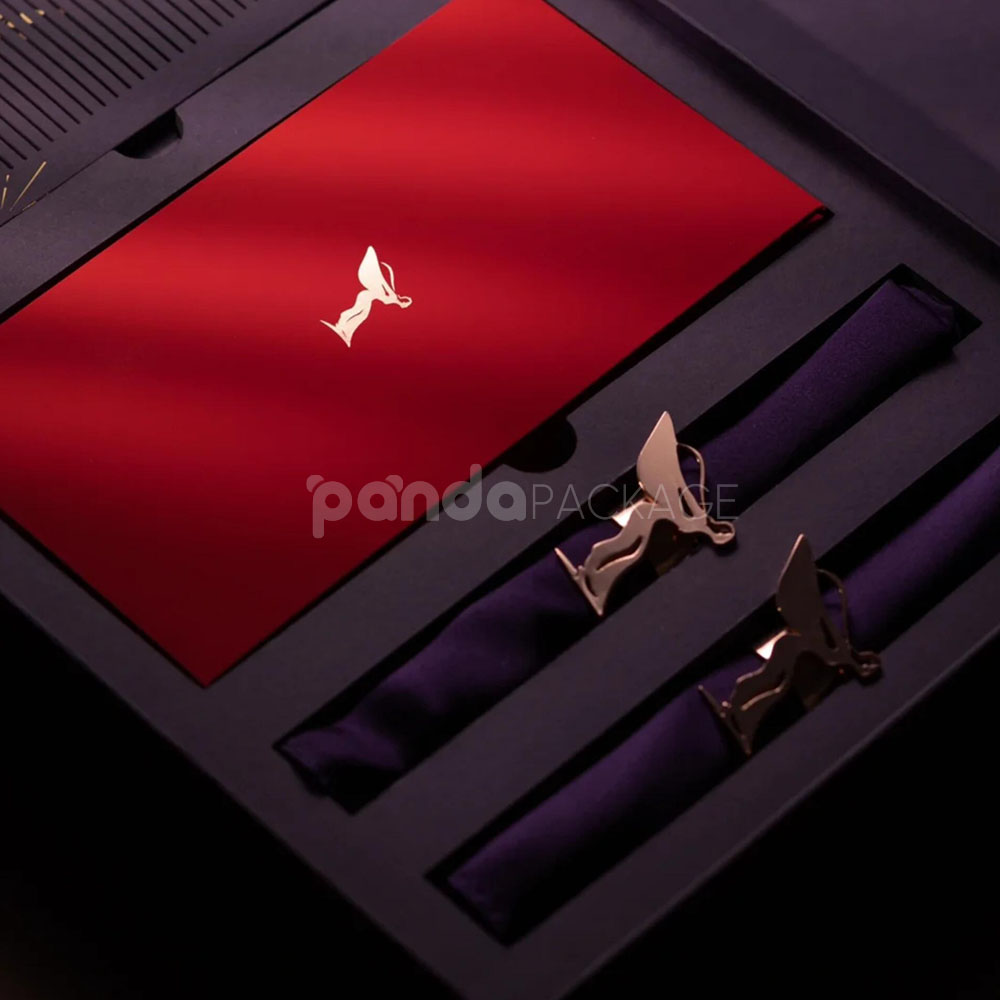 luxury magnetic flip lid rigid box in royal purple with gold foil logo and elegant compartment insert for premium gifts
