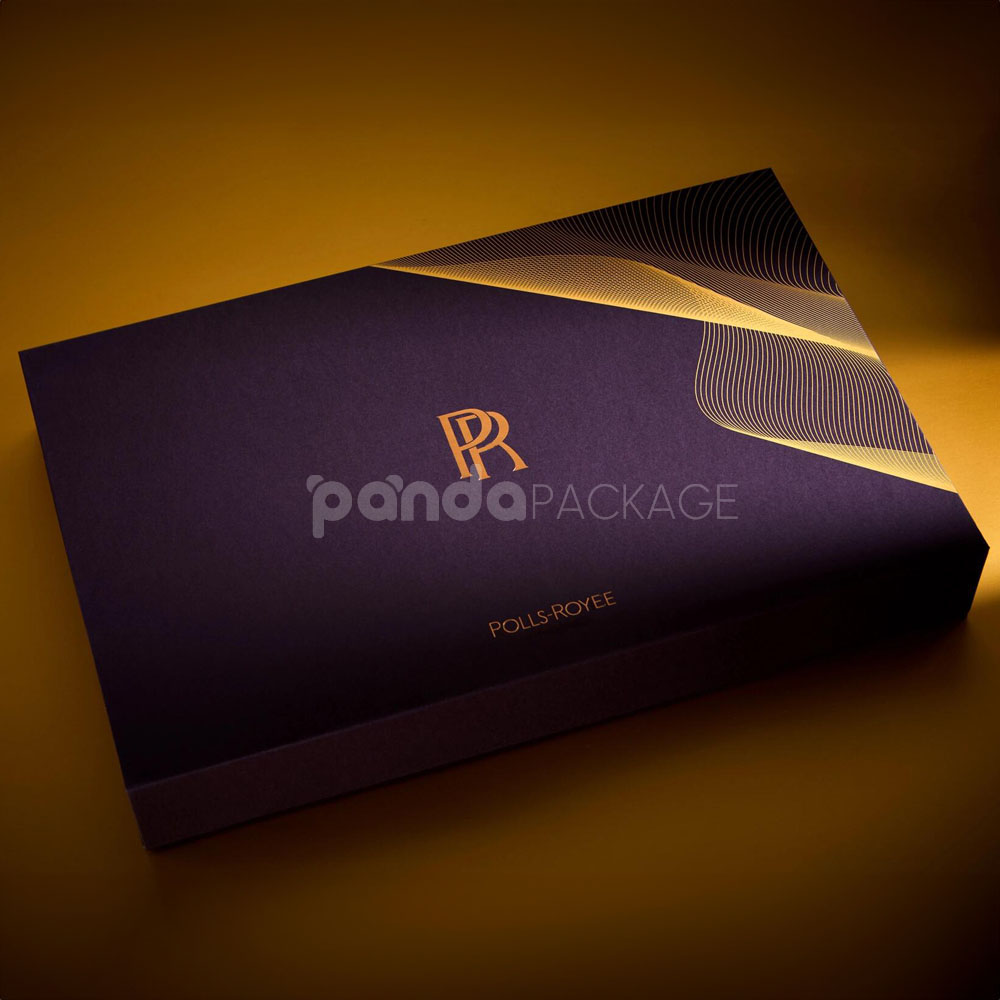luxury magnetic flip lid rigid box in royal purple with gold foil logo and elegant compartment insert for premium gifts