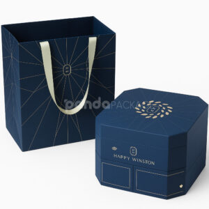 luxury octagonal rigid gift box in royal navy blue with gold foil logo, matching paper bag, and multi-drawer design for premium gifting