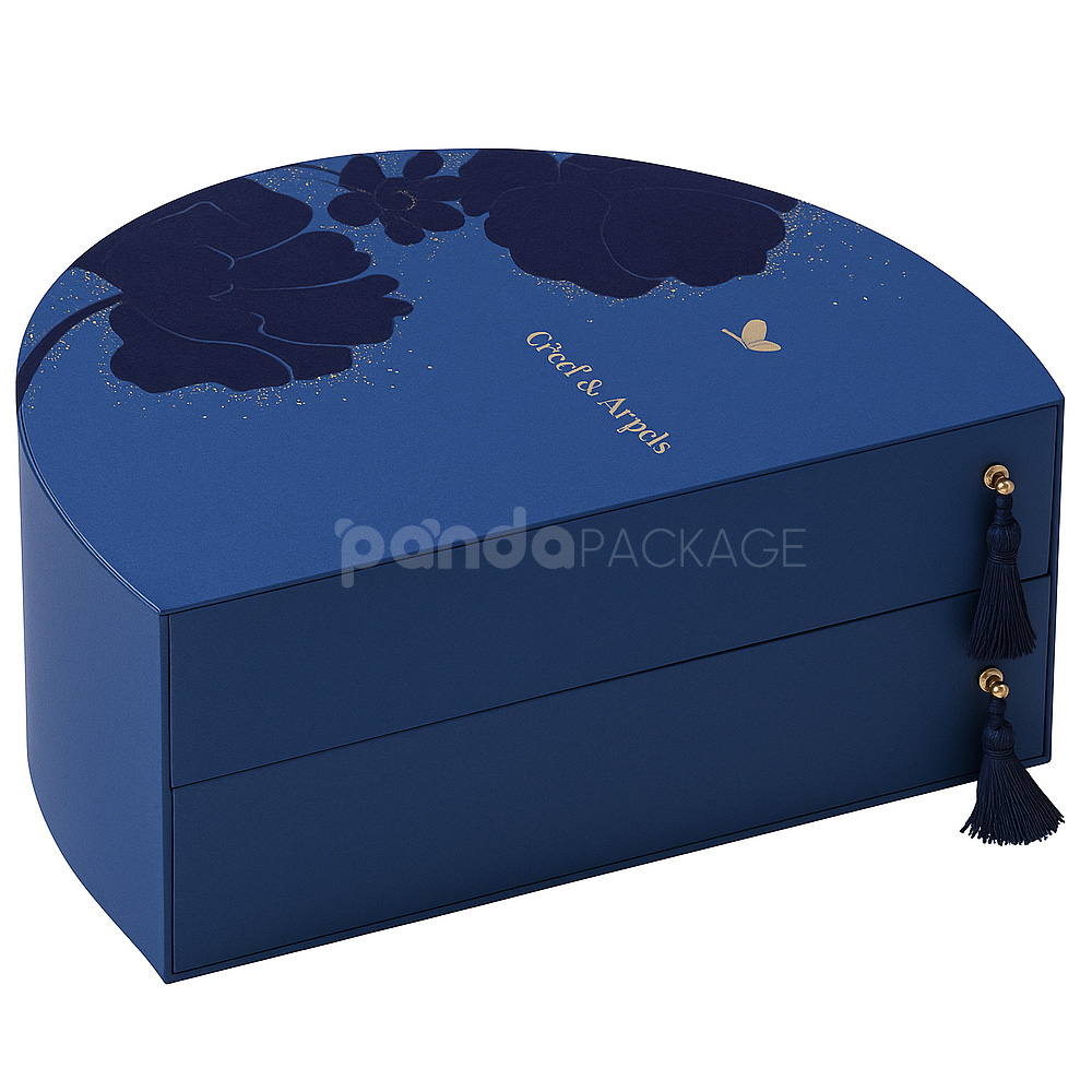 luxury blue half-moon rigid gift box with drawer for premium food and festive packaging