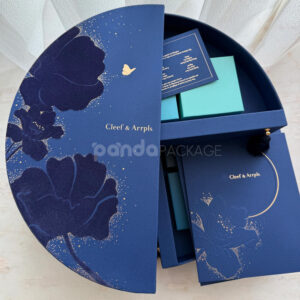 luxury blue half-moon rigid gift box with drawer for premium food and festive packaging