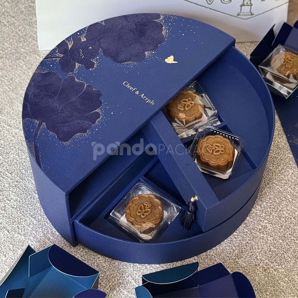 luxury blue half-moon rigid gift box with drawer for premium food and festive packaging