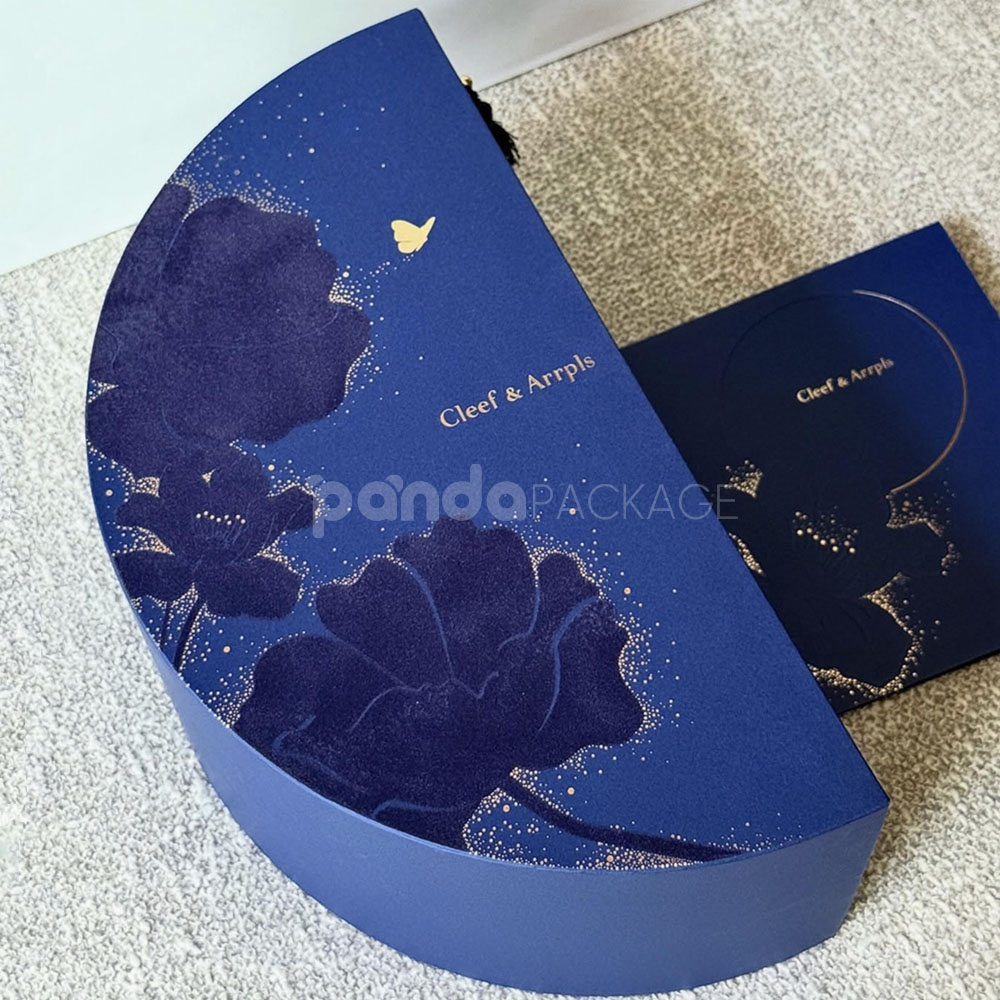 luxury blue half-moon rigid gift box with drawer for premium food and festive packaging