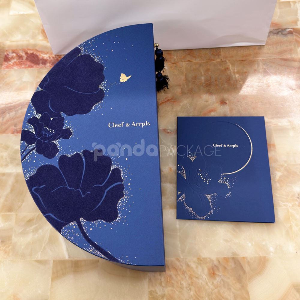 luxury blue half-moon rigid gift box with drawer for premium food and festive packaging