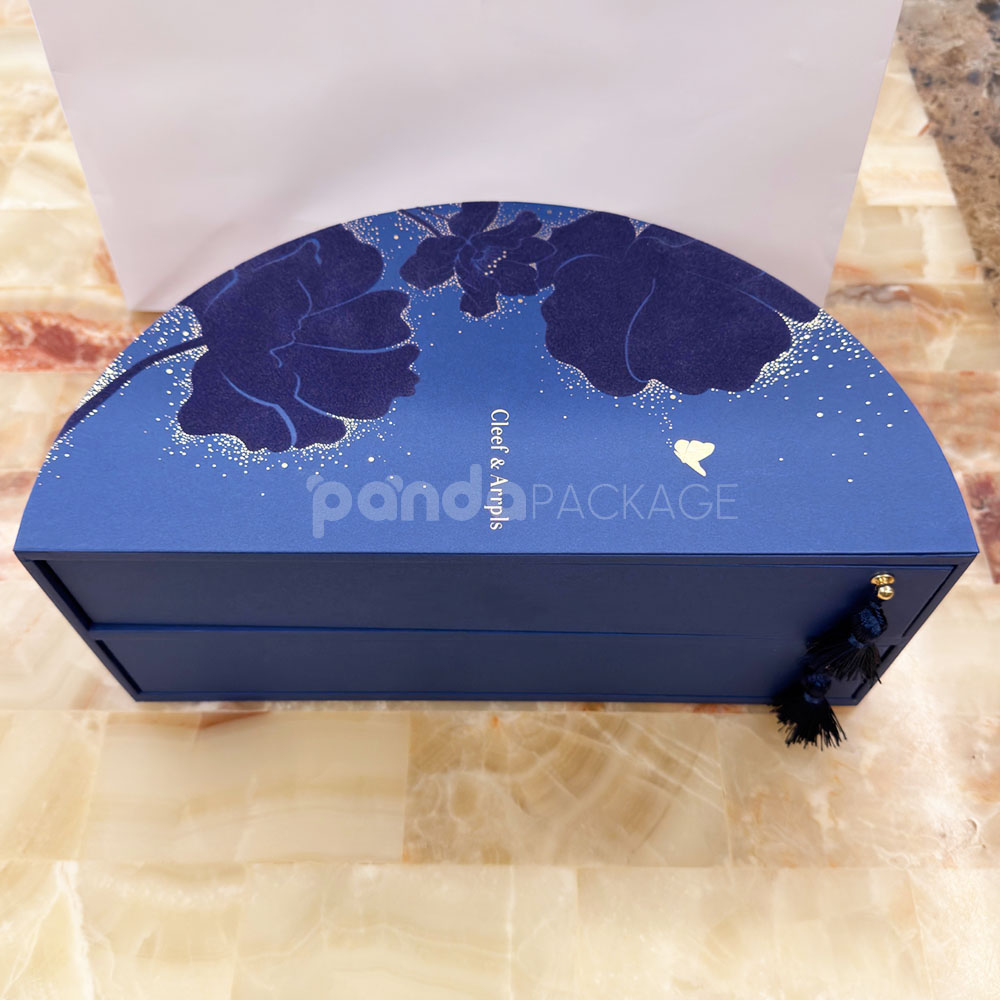 luxury blue half-moon rigid gift box with drawer for premium food and festive packaging