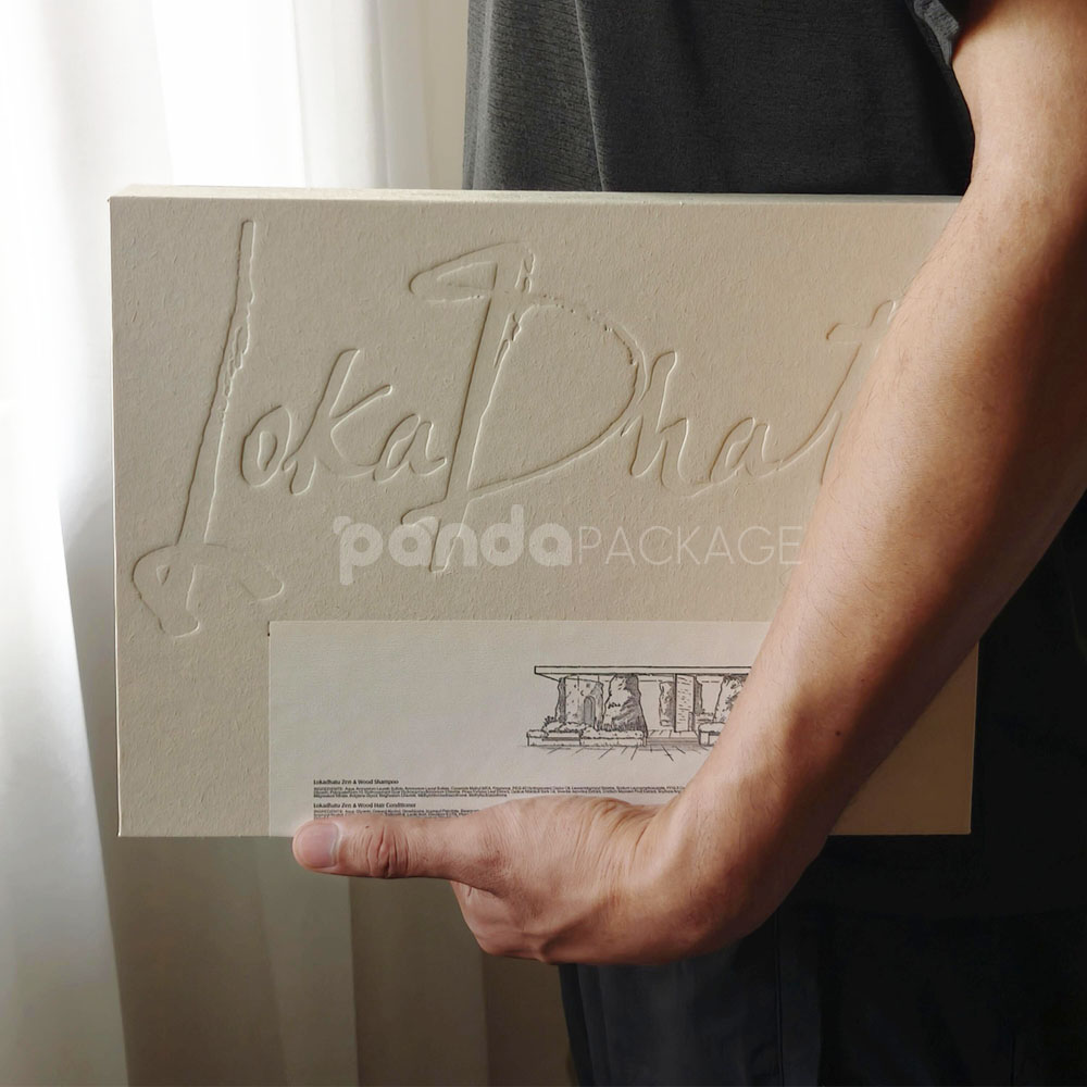 eco-friendly flip-top paperboard box for sustainable cosmetic packaging with blind box concept and embossed details