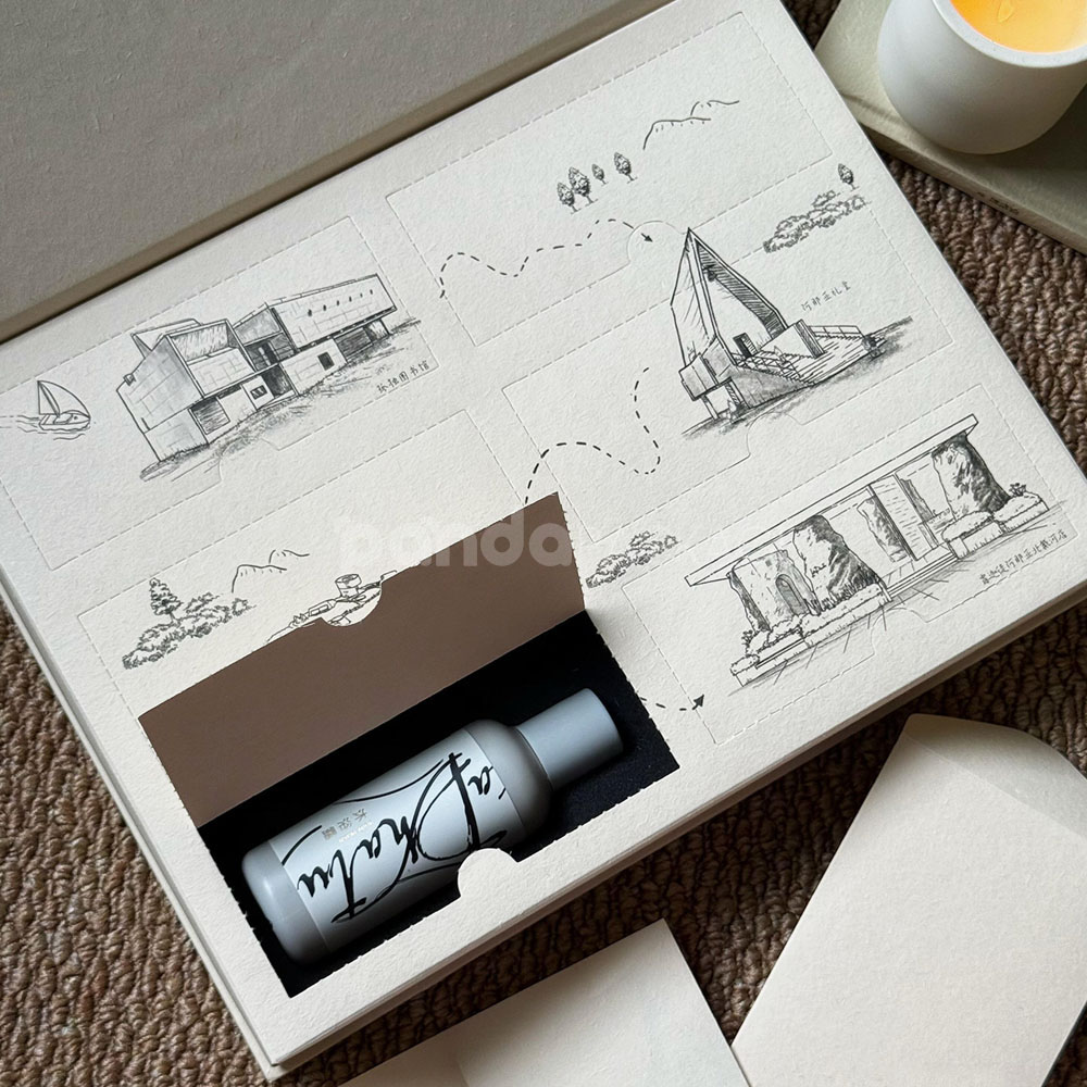 eco-friendly flip-top paperboard box for sustainable cosmetic packaging with blind box concept and embossed details