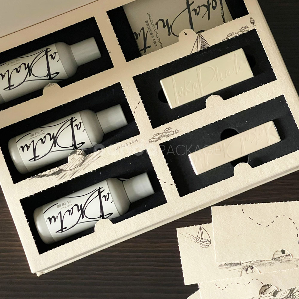 eco-friendly flip-top paperboard box for sustainable cosmetic packaging with blind box concept and embossed details