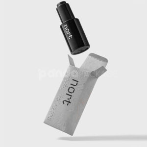 luxury textured grey paperboard box for skincare packaging with embossed terrain pattern and orange foil line details