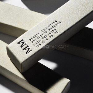 sustainable minimalist cosmetic packaging box made from recyclable paperboard with embossed typography and natural color finish
