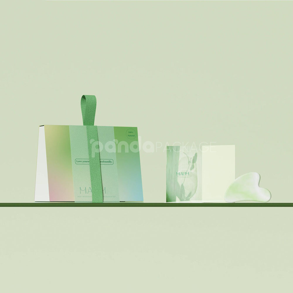 eco-friendly skincare paper gift box with green gradient finish and fabric handle design
