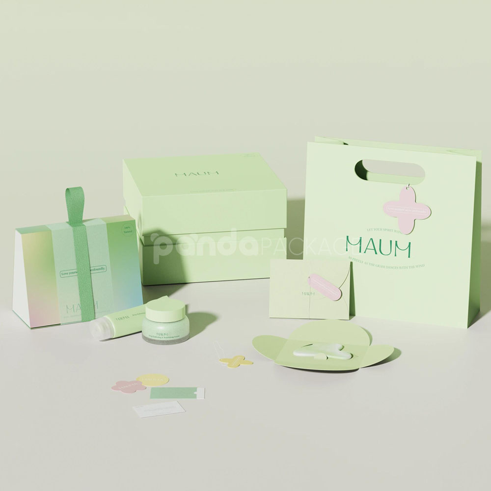eco-friendly skincare paper gift box with green gradient finish and fabric handle design