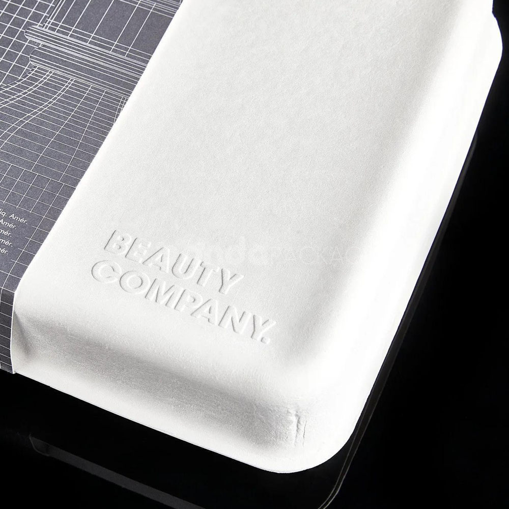 biodegradable white molded pulp skincare box with hinged lid and custom insert for sustainable cosmetic packaging
