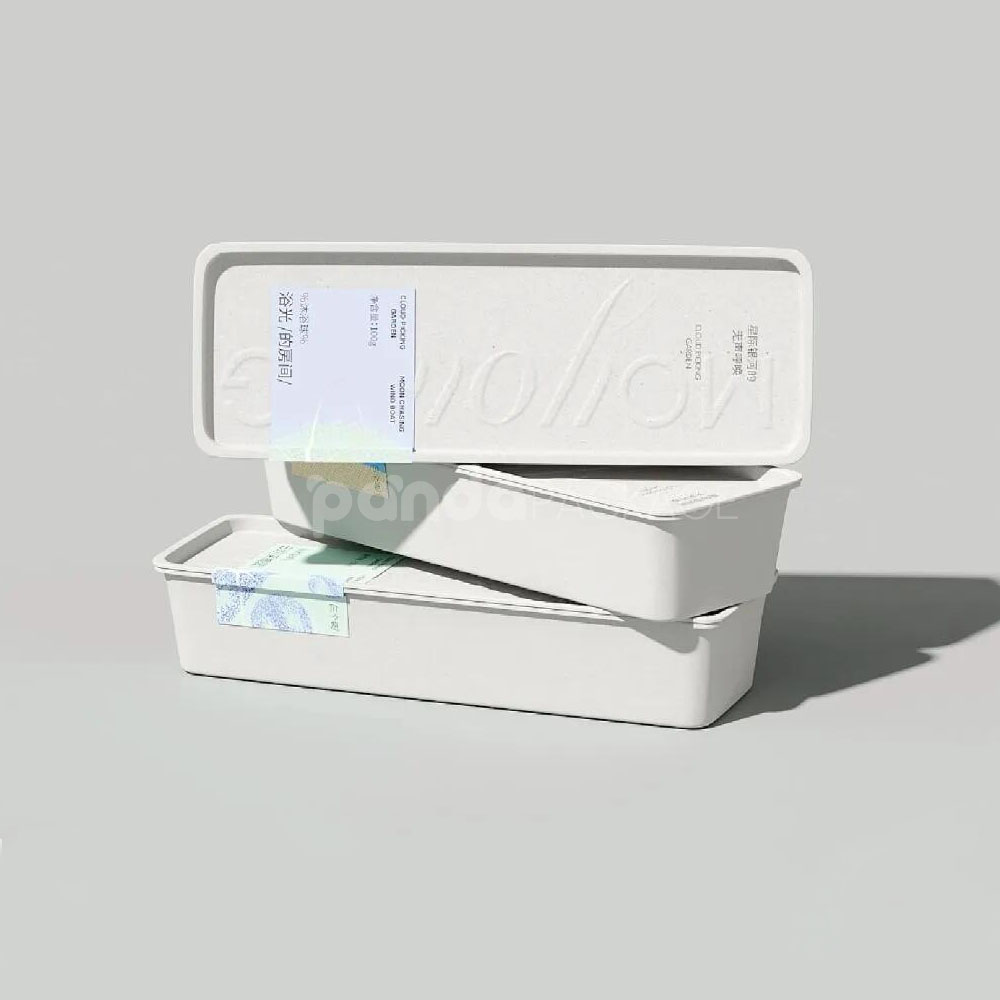 biodegradable white molded pulp box with embossed logo for sustainable skincare and bath product packaging
