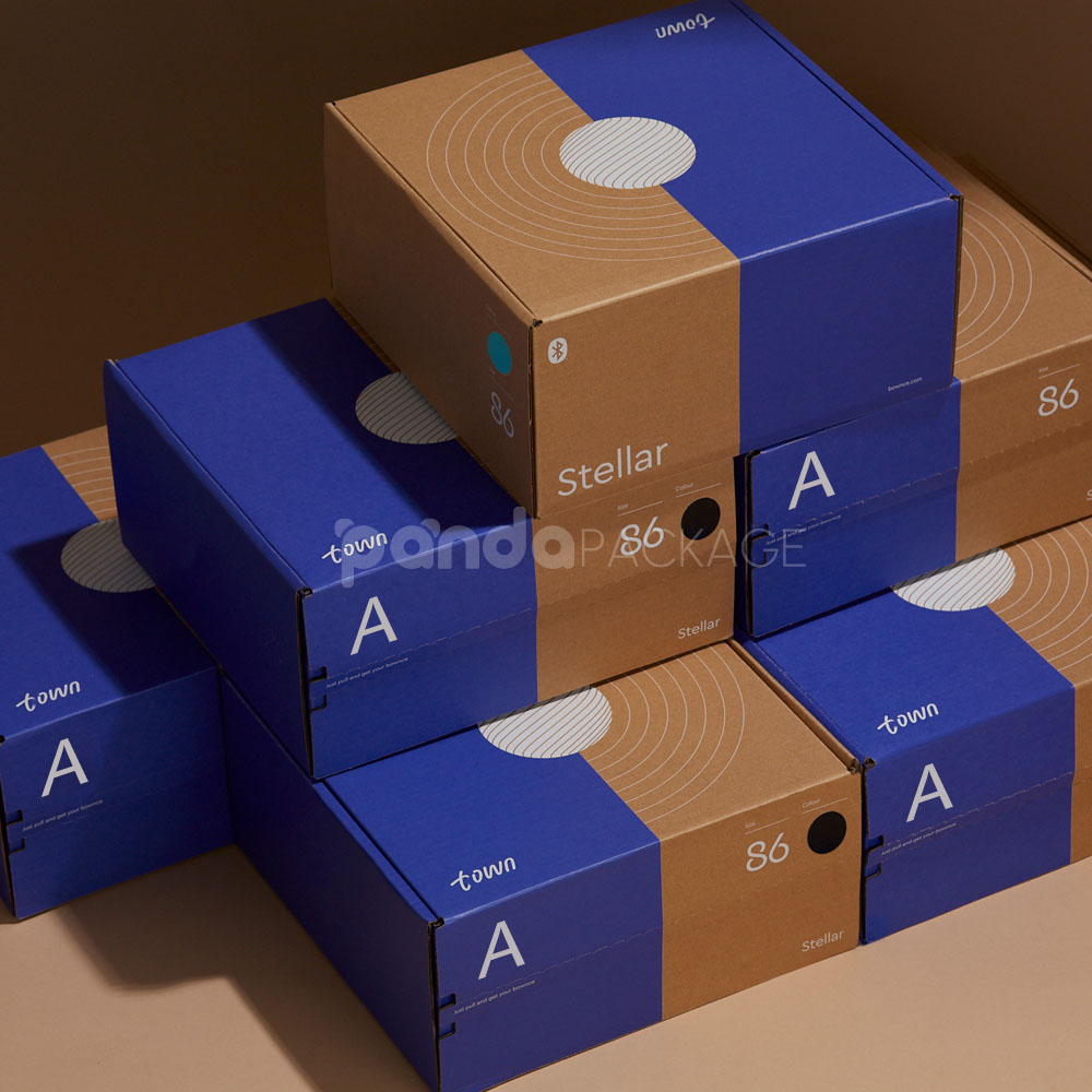 two-tone corrugated cardboard mailer box with easy-open tear strip for electronics packaging