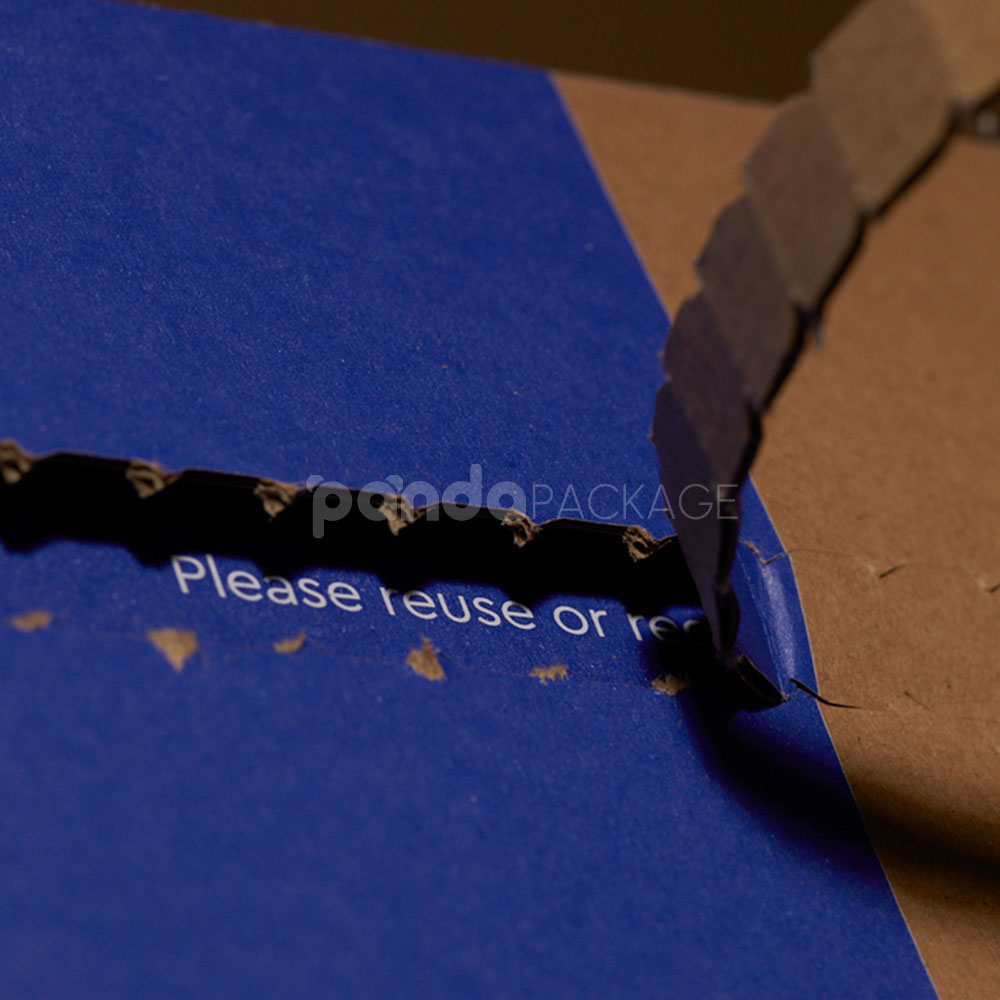 two-tone corrugated cardboard mailer box with easy-open tear strip for electronics packaging