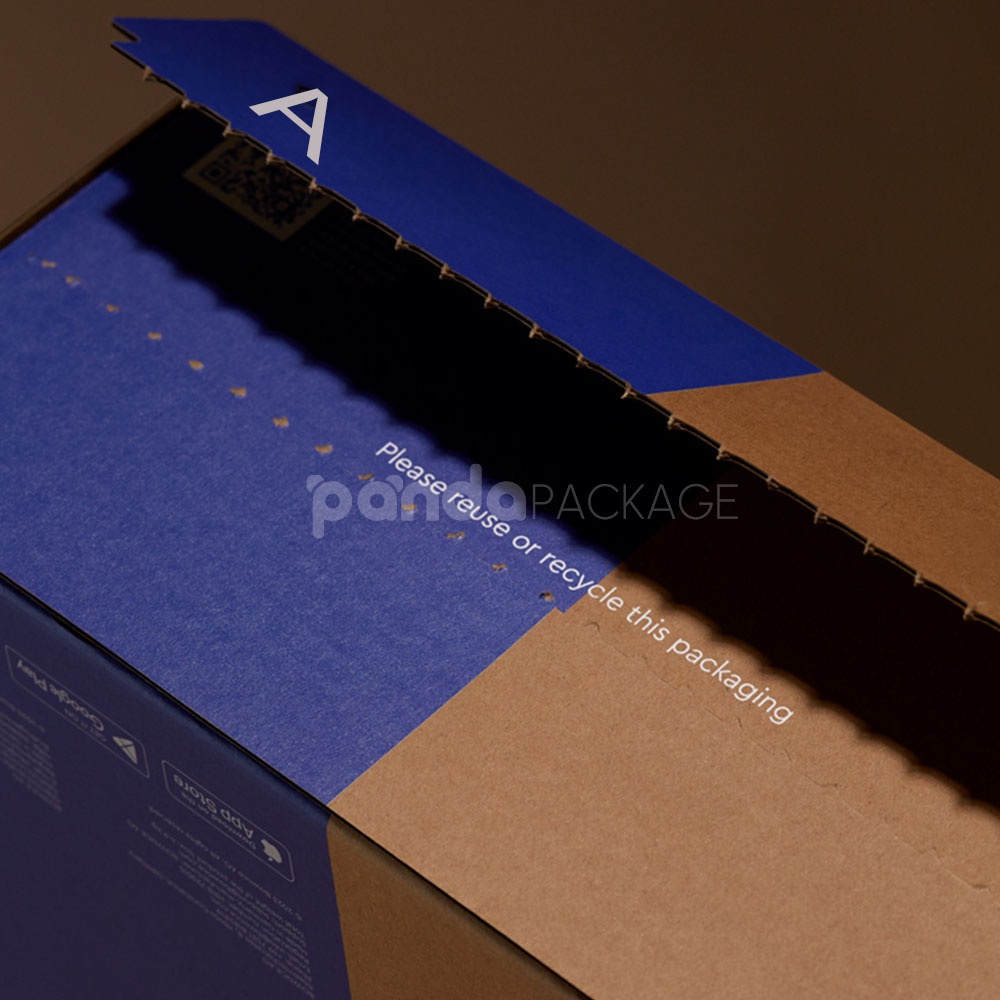 two-tone corrugated cardboard mailer box with easy-open tear strip for electronics packaging