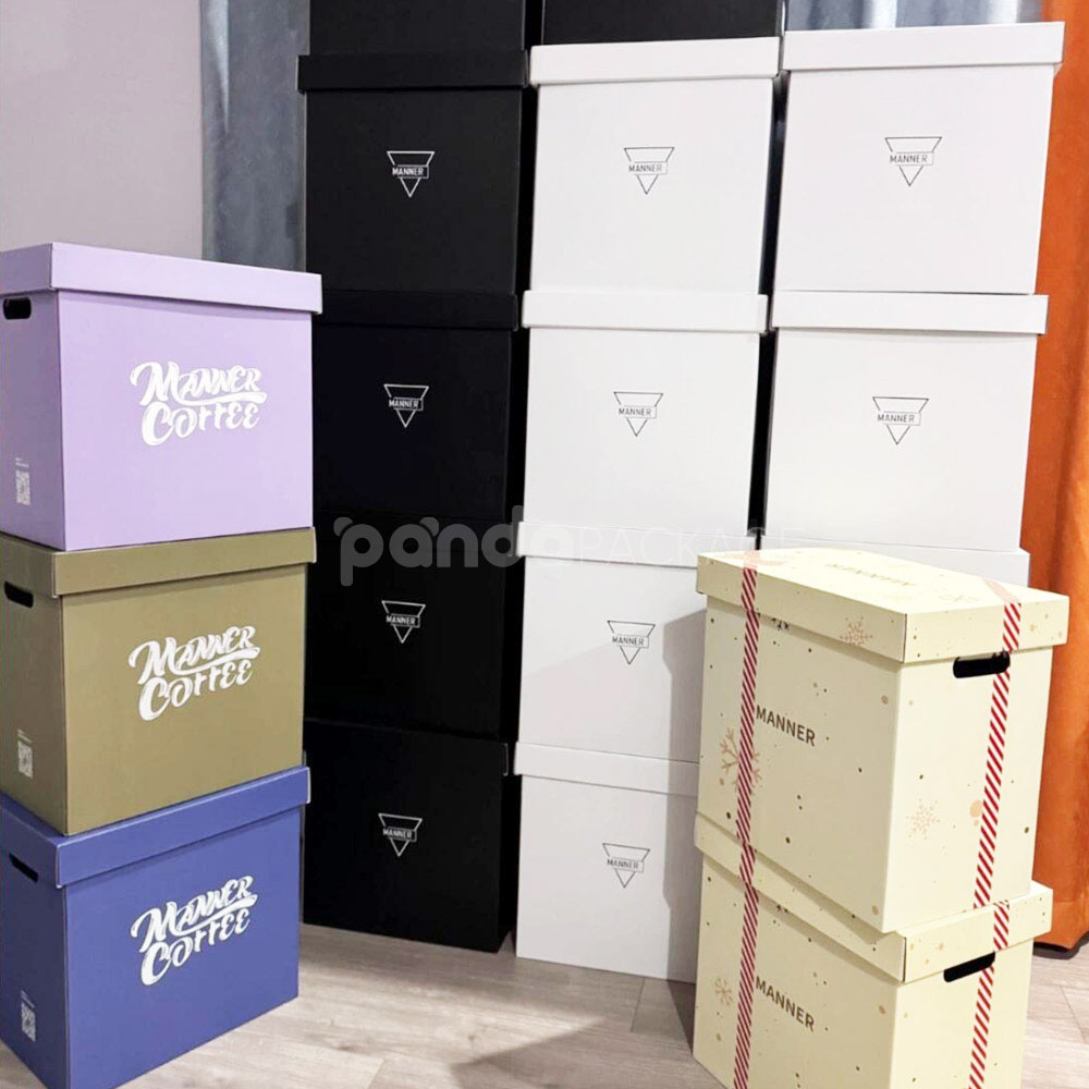 rigid cardboard box with lid and handle cutouts for coffee and gift packaging