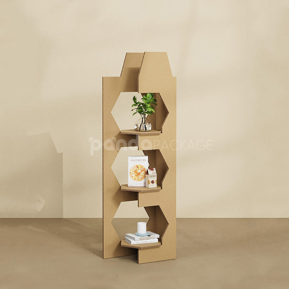 modular corrugated cardboard display stand with hexagonal shelves for retail