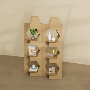 modular corrugated cardboard display stand with hexagonal shelves for retail