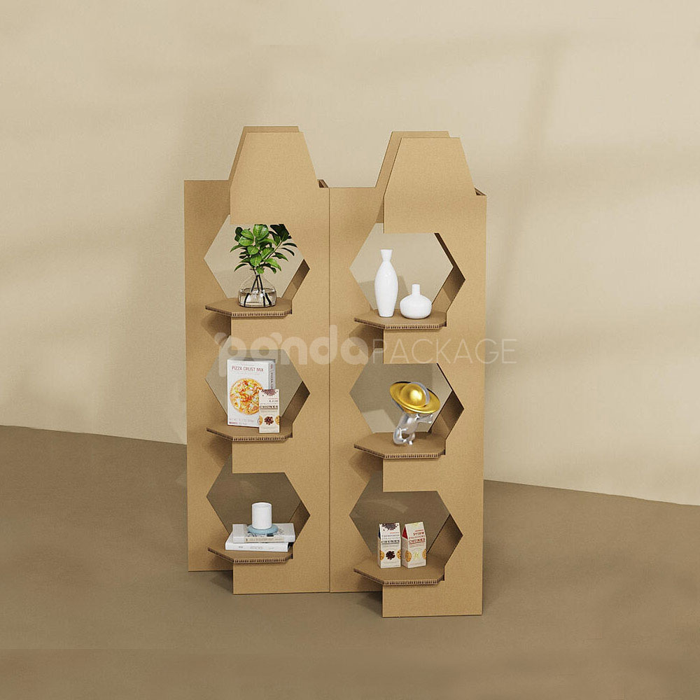 modular corrugated cardboard display stand with hexagonal shelves for retail